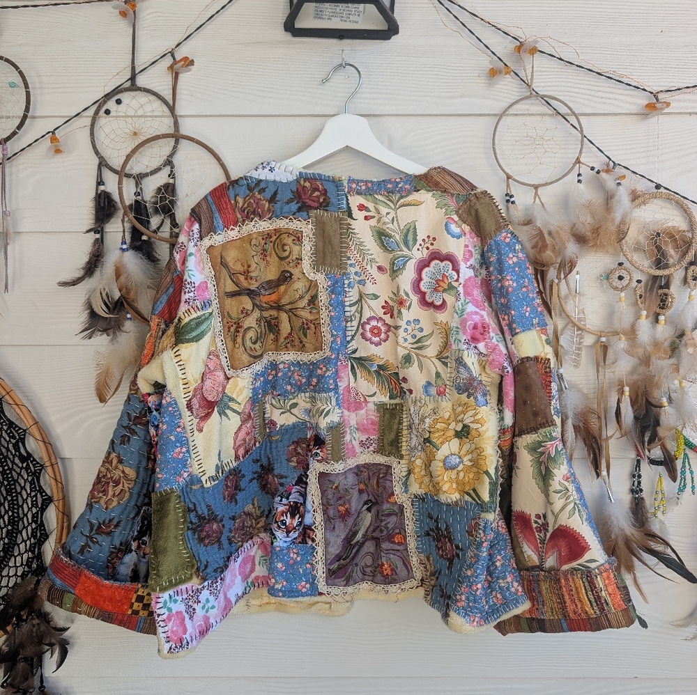 Handmade Boho Hippie Handstitched Patchwork Jacket Upcycled Appliqué Oversized - Picture 7 of 14